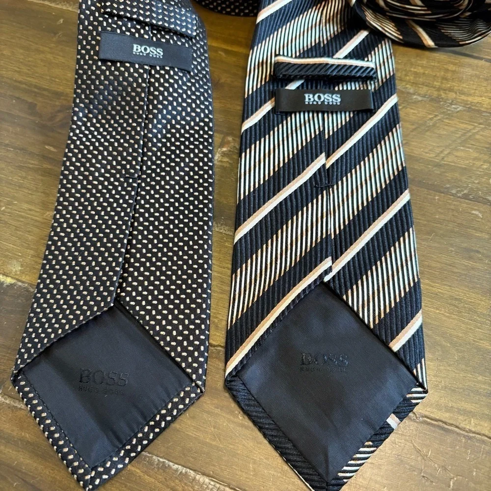 Hugo Boss Men’s Tie Bundle Stripe Speckle Pattern Black Brown Tan 2 pc Work